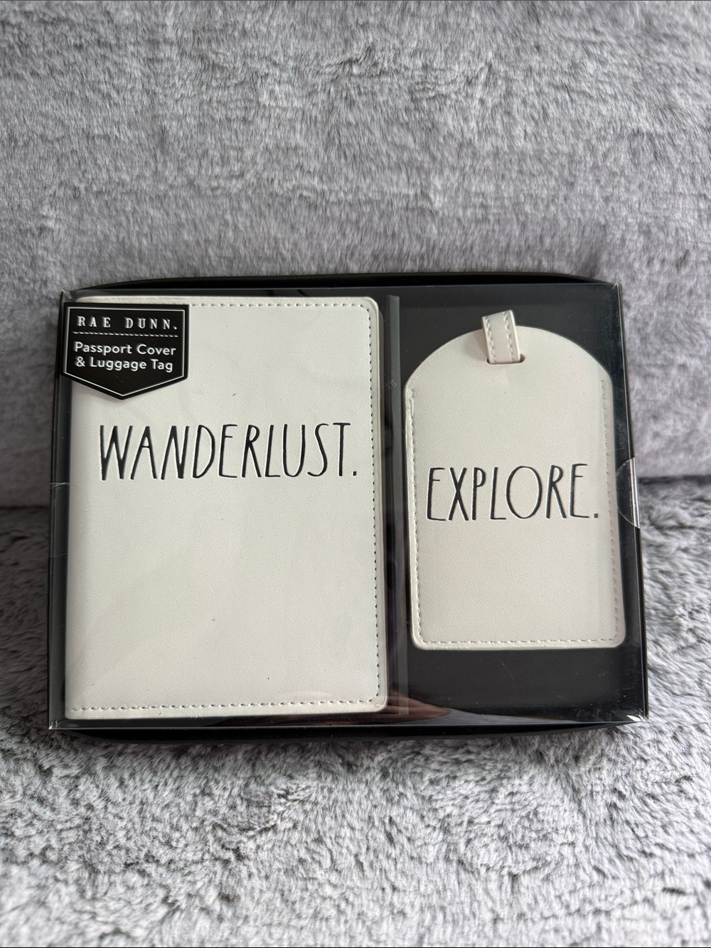 Rae Dunn White 'WANDERLUST' Passport Cover & 'EXPLORE' Luggage Tag Set
